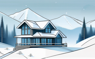 Winterlandschaft mit halbfertigem Haus, schneebedeckten Baeumen und blauem Himmel.