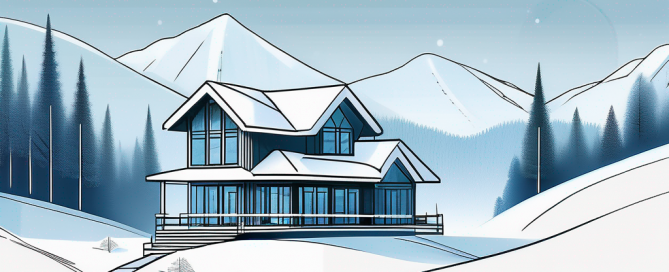 Winterlandschaft mit halbfertigem Haus, schneebedeckten Baeumen und blauem Himmel.