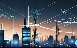 ALT TAG: Stadtansicht mit verbundenen Geraeten und Antennen symbolisieren 5G-Technologie und verbesserte Konnektivitaet