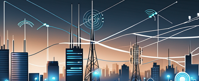 ALT TAG: Stadtansicht mit verbundenen Geraeten und Antennen symbolisieren 5G-Technologie und verbesserte Konnektivitaet
