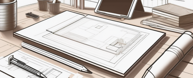 geordneter arbeitsplatz mit architektonischen bauplaenen, lineal, modellhaus und checkliste zur optimierung des genehmigungsprozesses
