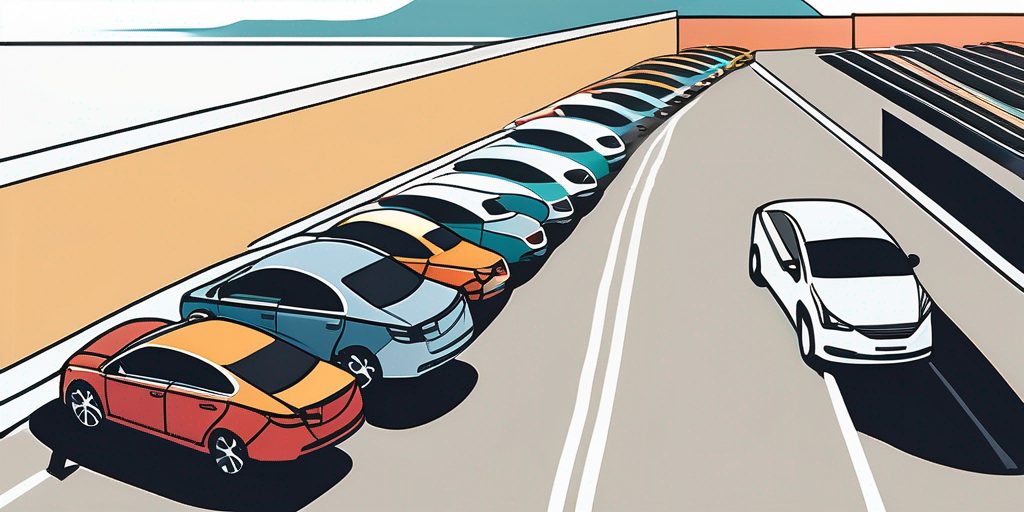 Mietwagen verschiedener Modelle und Farben auf einem geraeumigen Parkplatz, vor klarem Himmel zur Betonung der Vielfalt und Auswahl bei Autovermietungen.