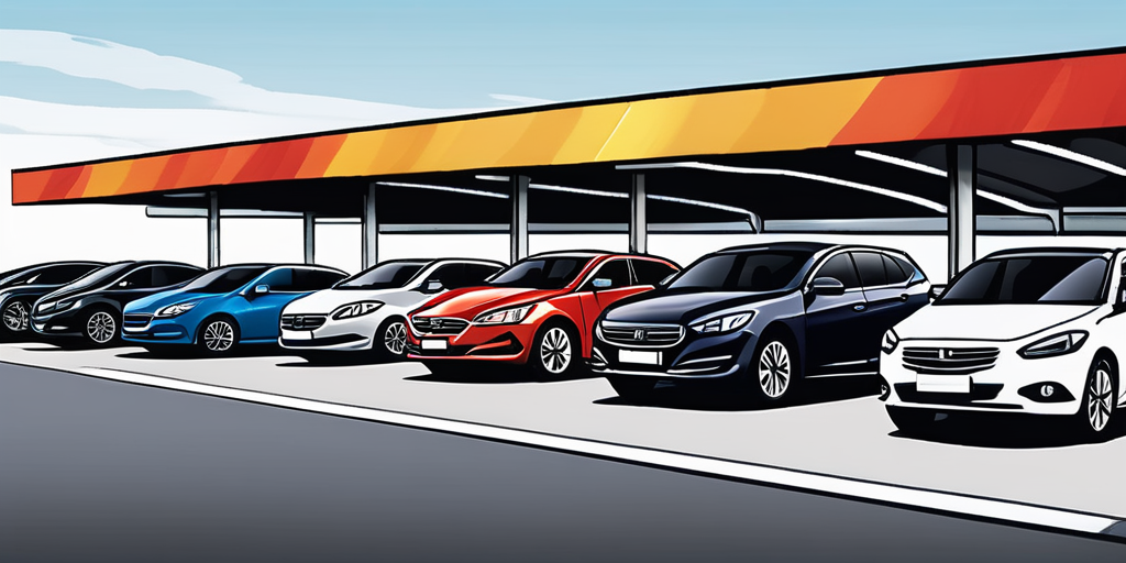 Mietwagen unterschiedlicher Modelle und Farben in einem geraeumigen Parkplatz unter klarem, sonnigem Himmel, betonen Auswahl und Qualitaet im Autoverleih.