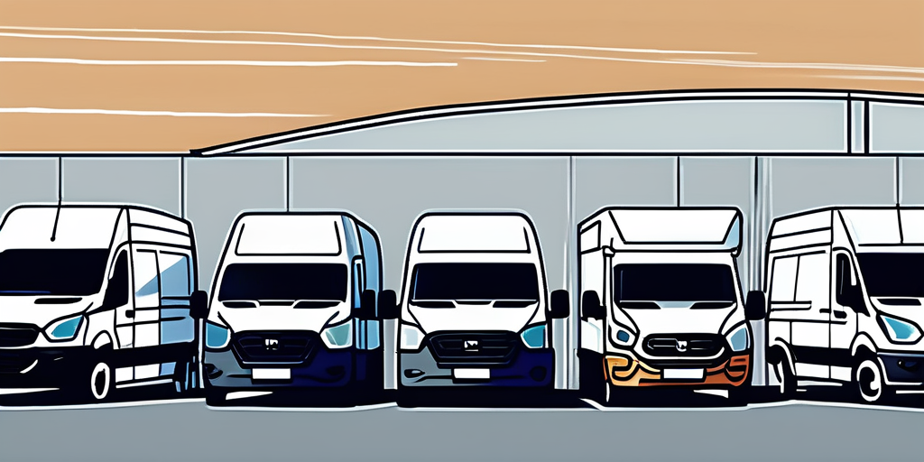Reihe von Vans und kleinen LKWs in einem geraeumigen Parkplatz unter klarem Himmel, bereit zur Miete bei einem professionellen Fahrzeugverleih.
