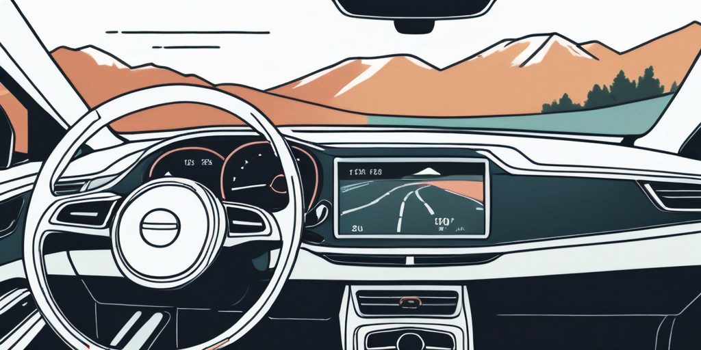 Auto Armaturenbrett Nahaufnahme mit Kontrollelementen und Landschaft durch Windschutzscheibe, Tipps zur Mietwagenbuchung ohne versteckte Gebuehren.