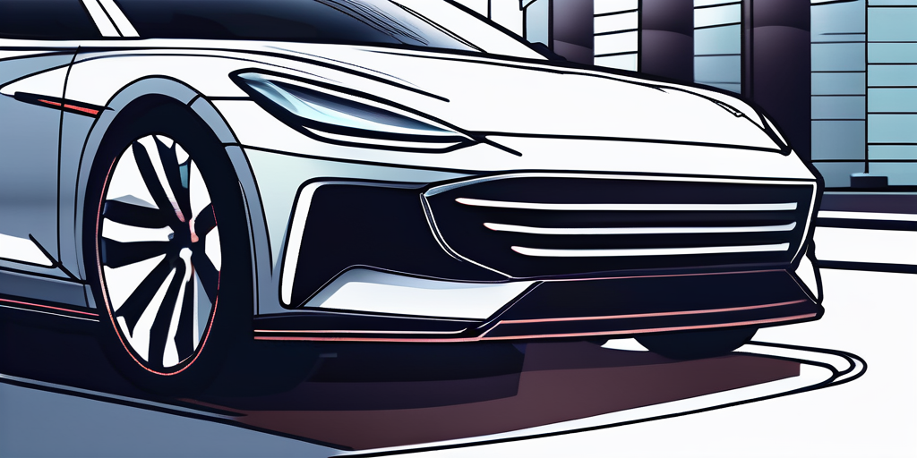 Auto-Vorderansicht mit modernem Scheinwerfer und Kuehlergrill, unscharfer Autohaendler-Hintergrund, ideal fuer Diskussionen ueber Autovermietung.