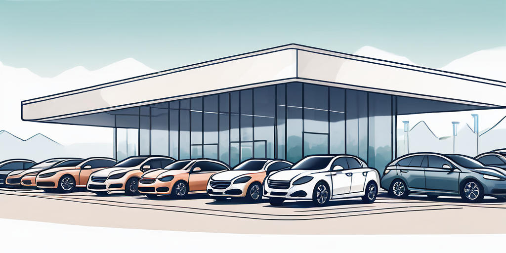 Autovermietungsstation mit modernen Autos, nahtloser Start und Ende von Geschaeftsreisen, betont Bequemlichkeit und Effizienz.