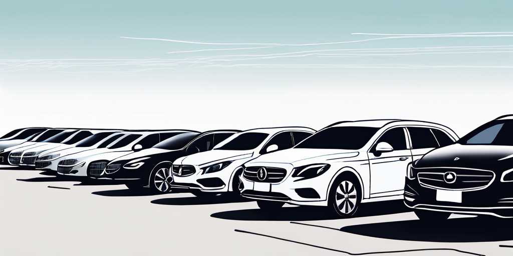 Reihe verschiedener Autos sauber geparkt im grossen Mietwagenparkplatz unter klarem Himmel, unterschiedliche Modelle fuer Langzeitmieten.