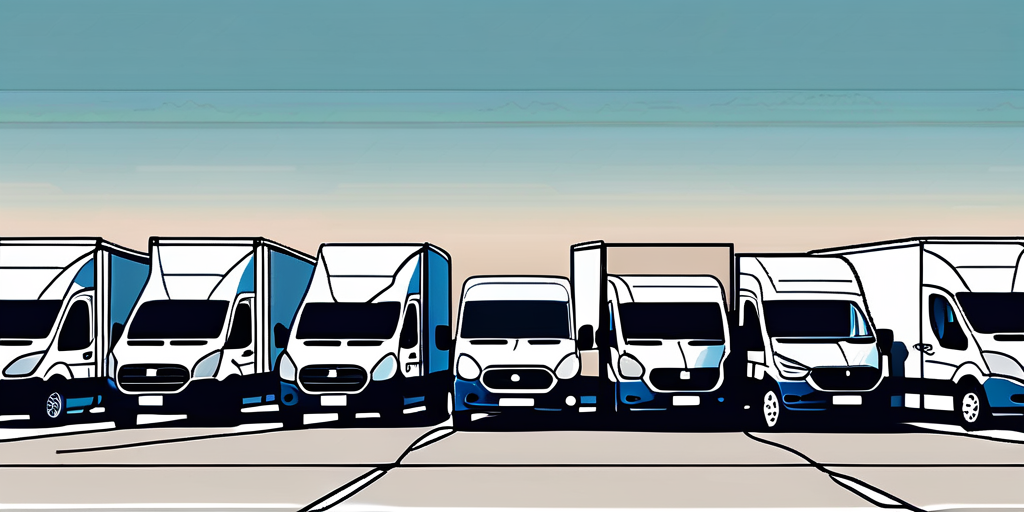 Reihe von Transportern und kleinen LKWs in einem geraeumigen Parkplatz unter klarem Himmel, ideal fuer Mietwagen Dienste.