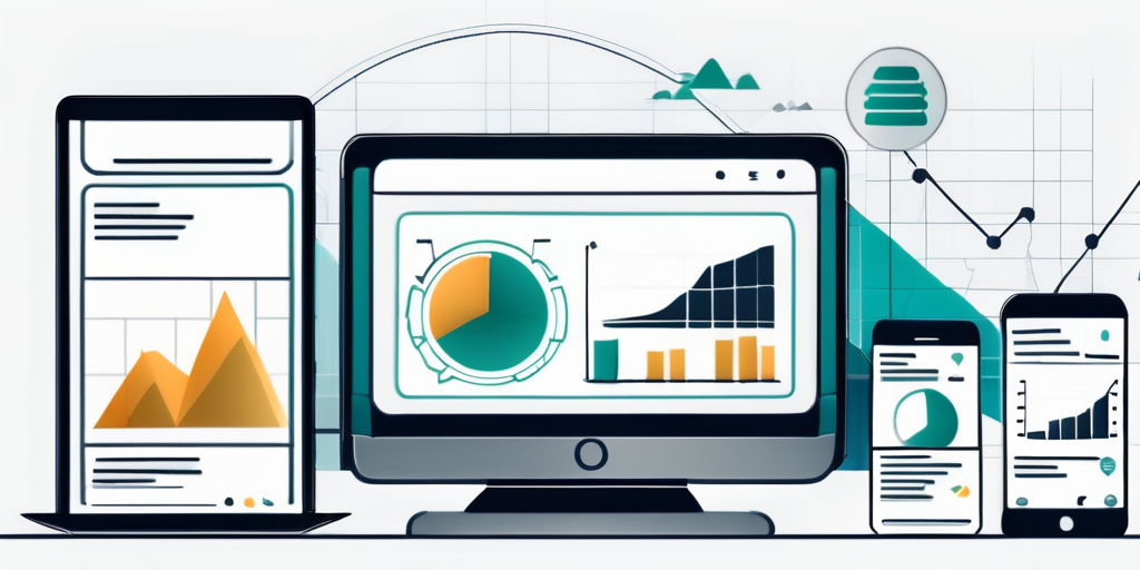 Digitale Geraete wie Smartphones, Tablets und Laptops zeigen Grafiken und Charts fuer Mietwagenvergleichstools vor einer Kulisse mit Karten und Standorticons.