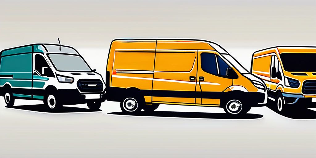 Reihe von kommerziellen Lieferwagen in verschiedenen Farben zur guenstigen Miete