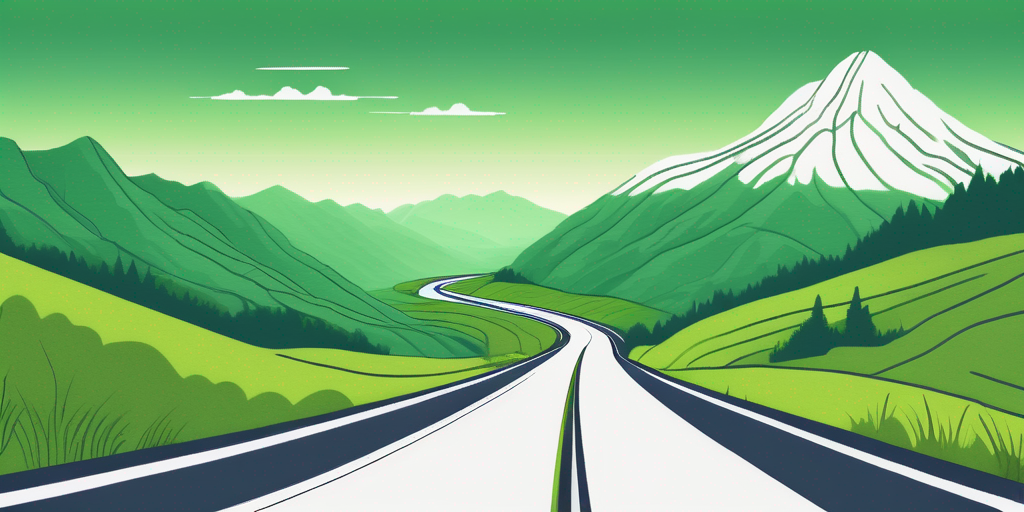 Panoramische Fahrtroute mit Auto auf gewundener Strasse umgeben von gruenen Landschaften und fernen Huegeln, ideal fuer Erkundungstouren mit Mietwagen.
