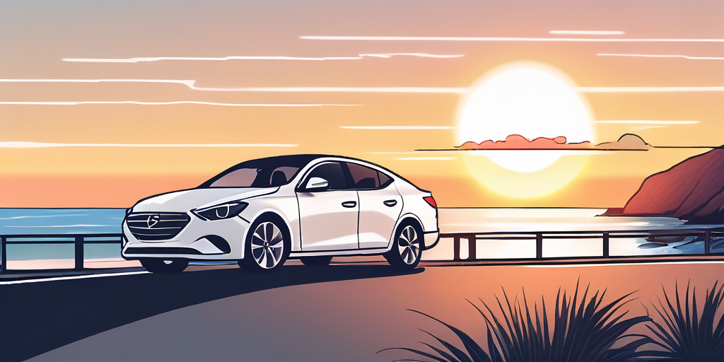 Mietwagen am Kuestenweg bei Sonnenuntergang, betont Freiheit und Genuss im Urlaub.