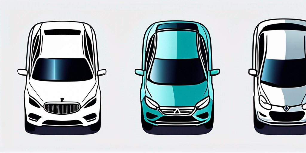 Autovermietung Vergleich mit verschiedenen Automodellen in einer Reihe zur visuellen Darstellung von Mietoptionen.