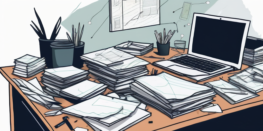 Unordentlicher Schreibtisch mit verstreuten Dokumenten und Bueroartikeln, symbolisiert Chaos und Risiken im Projektmanagement.