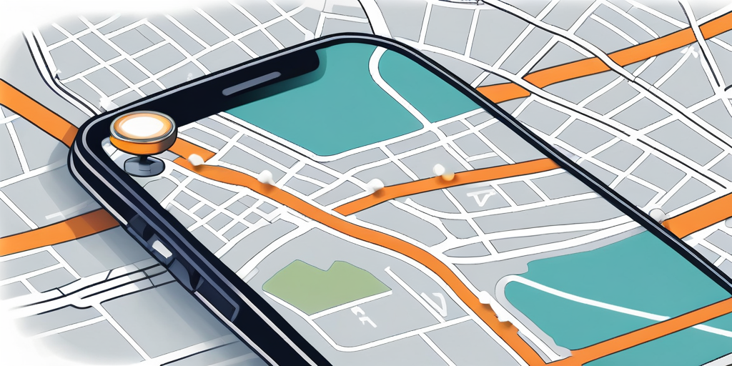 Stadtplan neben mobilem GPS-Geraet mit hervorgehobenen Routen und Navigationsicons fuer die Navigation in unbekannten Staedten mit Mietfahrzeugen.