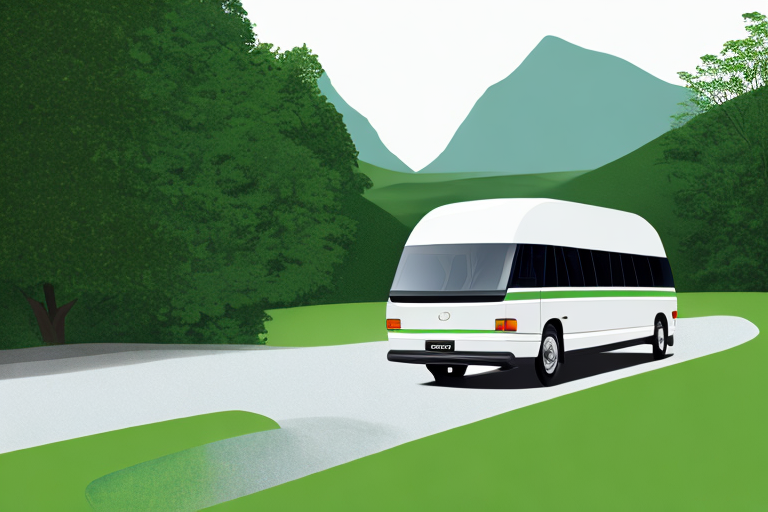 Moderner Minibus auf landschaftlich reizvoller Strasse, umgeben von Gruen, zeigt komfortables und geraeumiges Interieur.