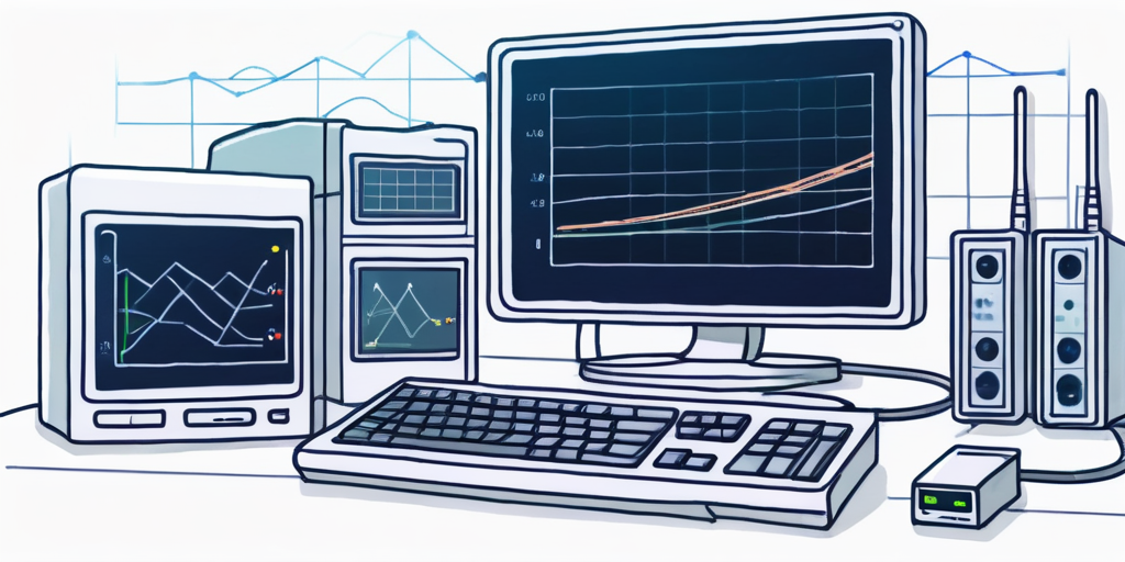 Nahaufnahme eines Computerbildschirms mit Webseite, Grafik-Icons und Diagrammen, neben Modem und Ethernet-Kabeln zur Darstellung der DSL-Verfuegbarkeitspruefung.