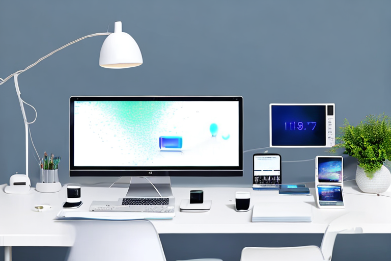 Ordentliches Home Office Setup mit Modem, leuchtenden Anzeigeleuchten, Laptop und Smartphone mit starkem WLAN.