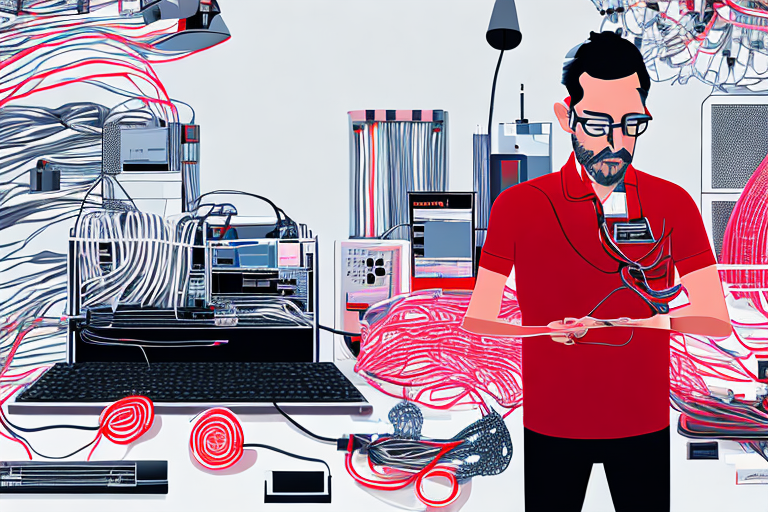 Frustrierte Person mit Kabelsalat vor unaufgeraeumten Schreibtisch und Router mit roten Lichtern.