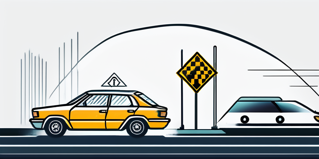 Verkehrsschilder, Durchgezogene Linie, Verärgerter Fahrprüfer, Notizen machen.