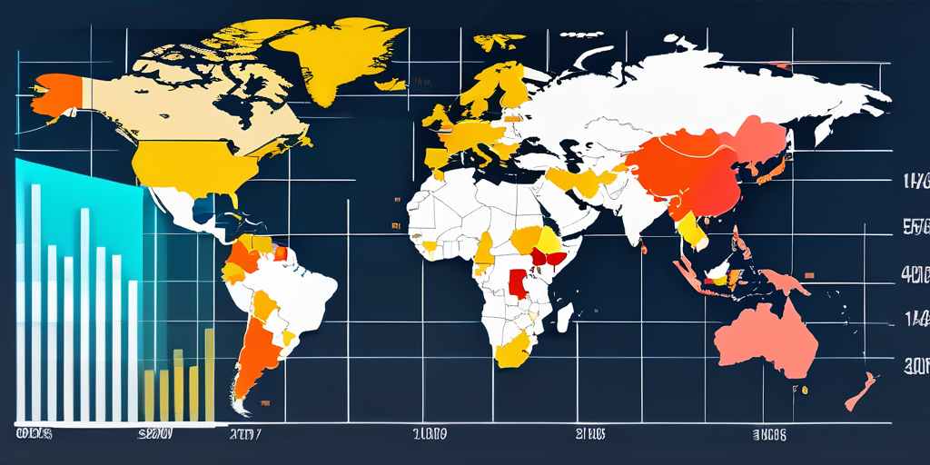 Bunte Balkendiagramme zeigen unterschiedliche Benzinpreise in verschiedenen Laendern, Deutschland hervorgehoben, Weltkarte im Hintergrund.