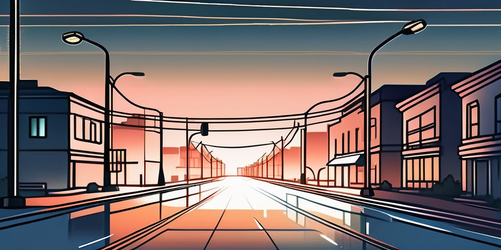 Stadtlandschaft in der Daemmerung mit sanft beleuchteten Strassen, die Energieeinsparungen bei steigenden Benzinpreisen hervorheben.