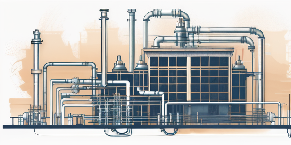Komplexe Gasleitungen und Steuerventile vor einem Regierungsgebaeude als Symbol fuer regulatorische Aufsicht im Energiesektor.