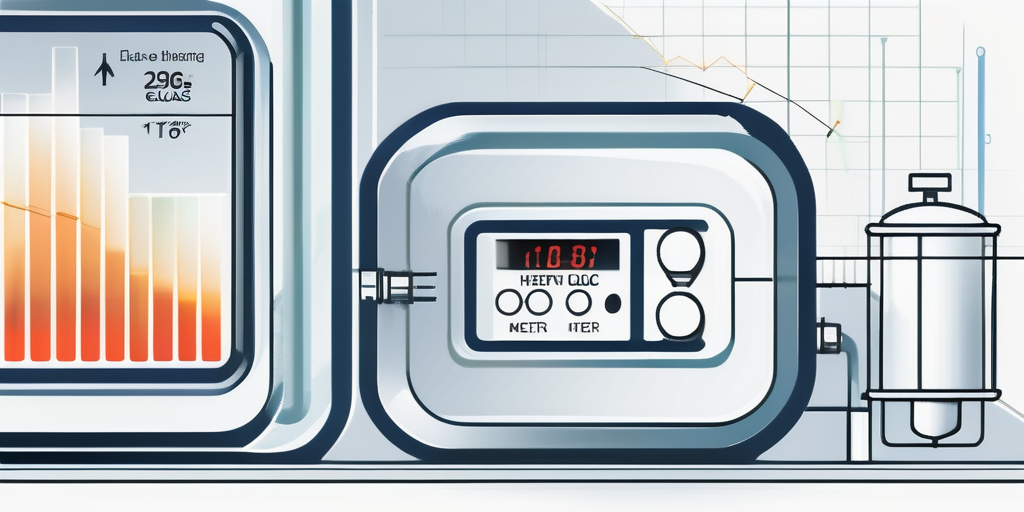 Nahaufnahme eines modernen Gaszaehlers mit Heizungskomponenten, Schaubilder zu Gaspreistrends, betont Energieverbrauch und Bildung.