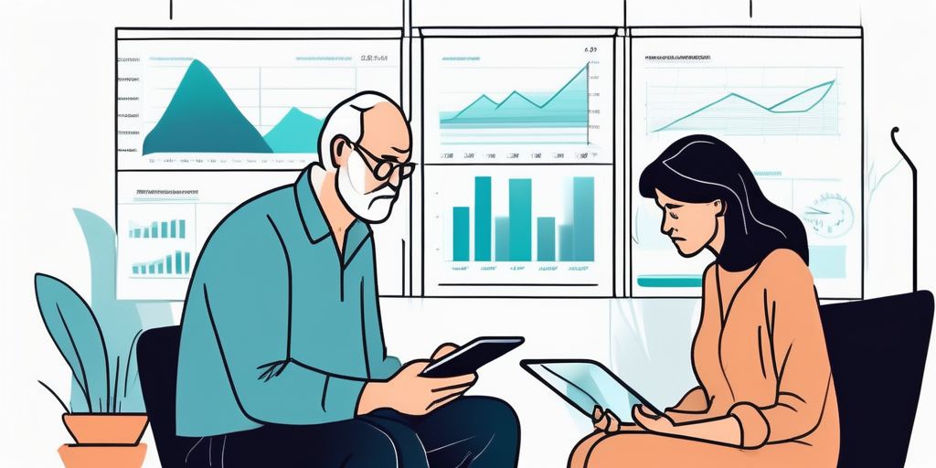 Besorgtes mittelaltes Paar betrachtet ein Tablet mit Grafiken und Statistiken zu steigenden Haushaltsausgaben vor dem Hintergrund zunehmender Benzinpreise.