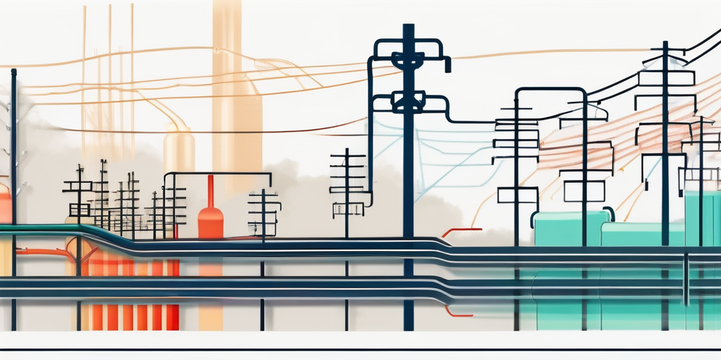 Verflochtene Rohrleitungen und Messgeraete in einem komplexen Gasverteilungsnetzwerk mit dynamischen Preisdiagrammen im Hintergrund.