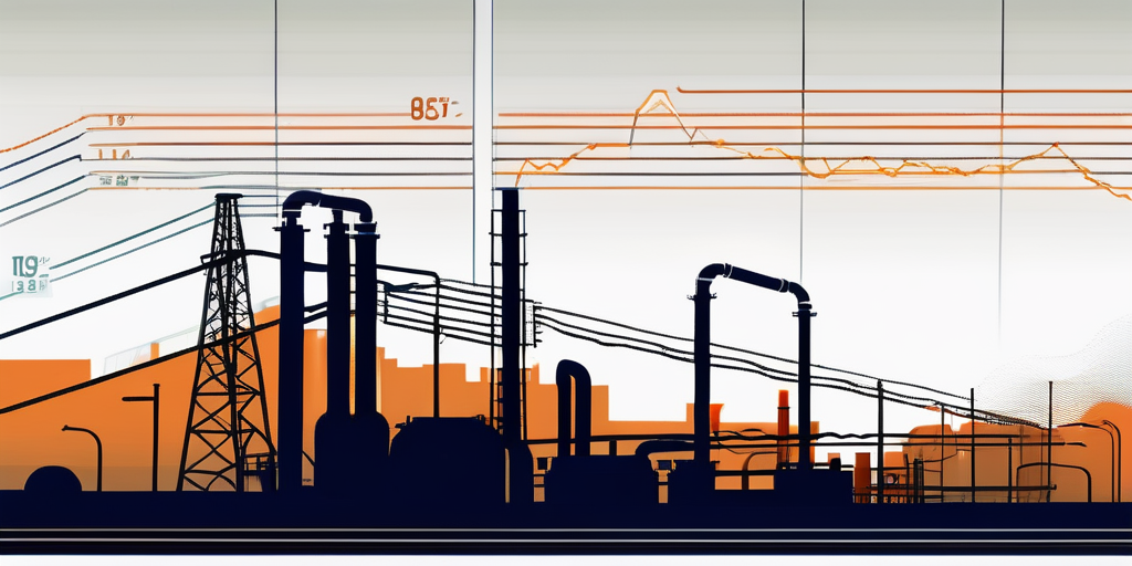 Schwankender Grafik zu Gaspreis-Volatilitaet vor Industrie-Gasleitungs-Silhouette, verdeutlicht Marktkomplexitaet und Einfluss von Haendlern.