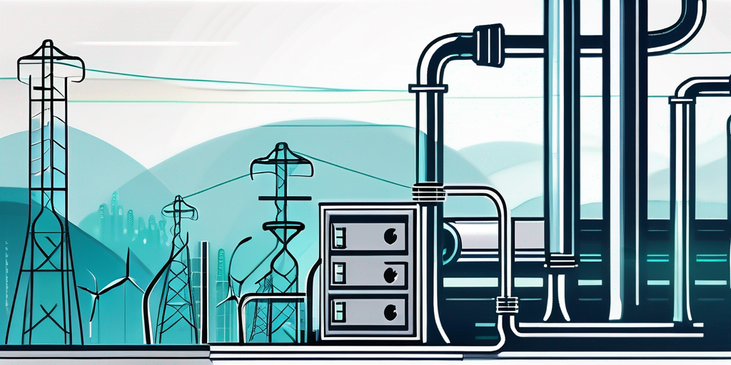 Moderne Gasmesser und Rohrleitungen mit unscharfem Hintergrund von erneuerbaren Energiequellen, symbolisch fuer den Uebergang zu nachhaltigen Energieloesungen.