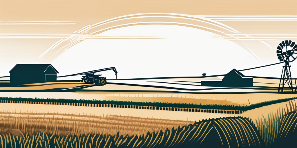 Landschaftsbild mit moderner Landtechnik auf weitlaeufigen Feldern unter klarem Himmel, thematisiert Herausforderungen durch schwankende Benzinpreise in der Landwirtschaft.