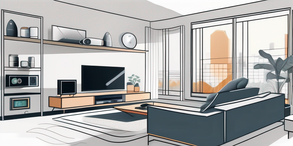 Moderne Wohnzimmeransicht mit smarten Heizungsthermostaten und intelligenten Stromzaehlern zur Energieeffizienz und Kostenersparnis.