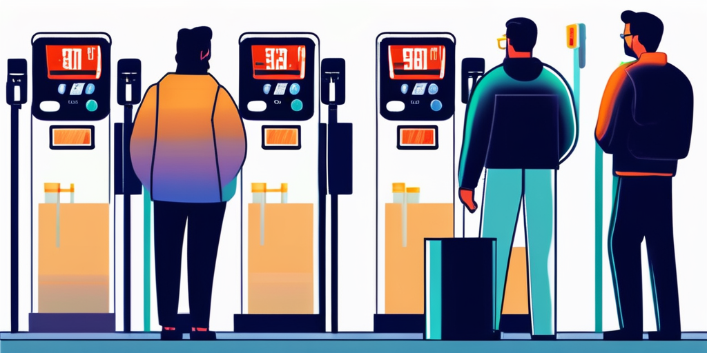 Diverse Gruppe besorgter Menschen an einer Tankstelle beobachtet steigende Preise auf elektronischer Anzeigetafel.
