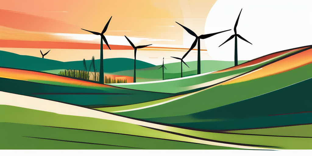 Idyllische Landschaft mit modernen Windturbinen vor einem lebhaften Sonnenuntergang, Symbol fuer den Aufschwung erneuerbarer Energien und deren Einfluss auf herkoemmliche Energiepreise wie Gas.