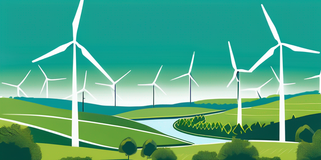 Windpark mit vielen Turbinen unter klarem blauen Himmel als Symbol fuer erneuerbare Energiealternativen bei steigenden Benzinpreisen, umgeben von gruener Landschaft zur Betonung umweltfreundlicher Energiequellen