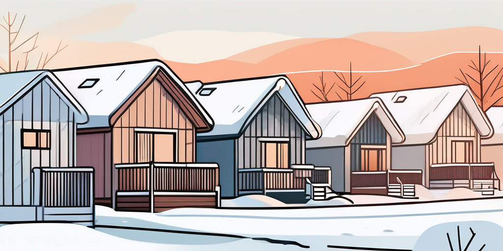 Wohngebiet im Winter mit verschneiten Haeusern und sichtbaren Heizzeichen, betont den erhoehnten Waermebedarf in den Wintermonaten.