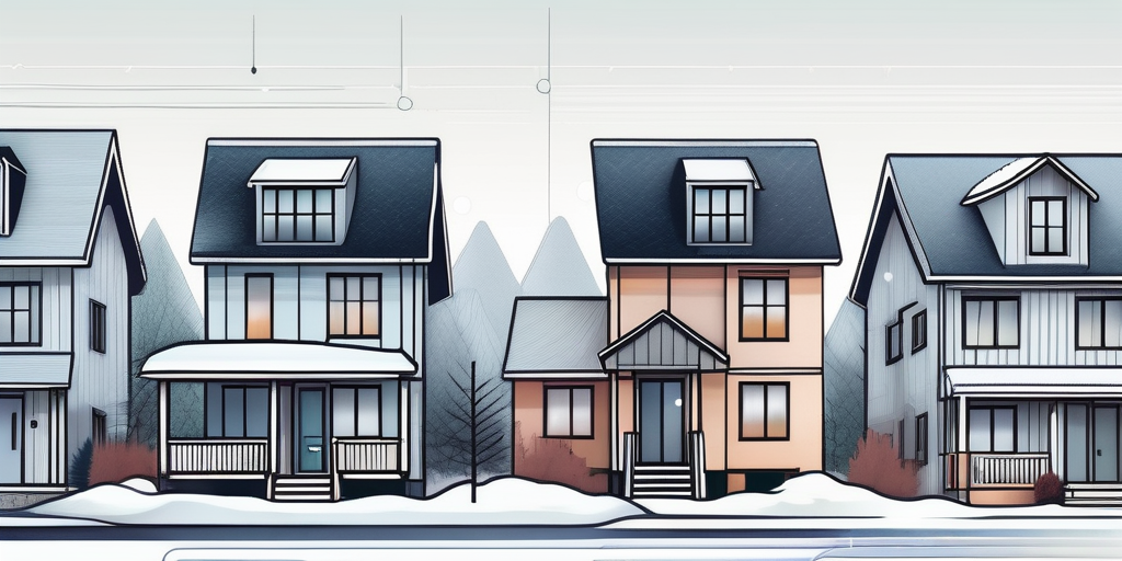 Wohngebiet im Winter mit Haeusern unterschiedlicher Energieeffizienz, Kontrast zwischen modernen und alten Gebaeuden bezueglich Energiekosten.