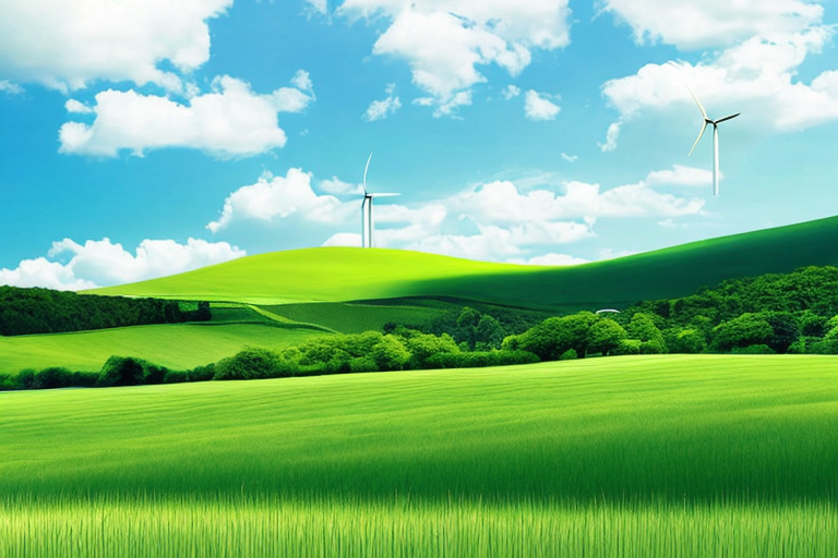 Gruenes Feld unter blauem Himmel mit Biogasanlagen symbolisiert Umwelt-Nachhaltigkeit und erneuerbare Energiequellen.