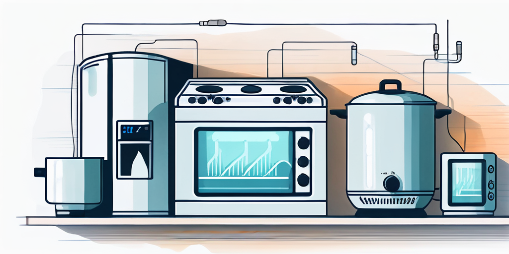 Modernes Thermostat umgeben von energieeffizienten Haushaltsgeraeten, zeigt Energiespartechniken zur Senkung der Kosten bei einer Erdgaspreisbremse.