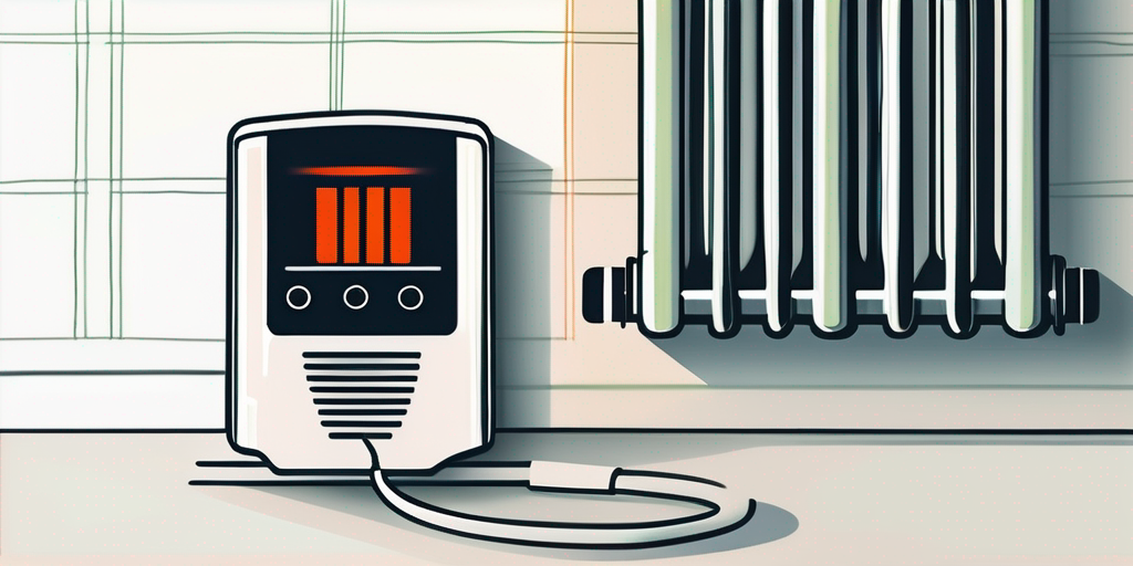 Moderner Thermostat auf niedrige Temperatur eingestellt neben Strahlungsheizer zur Energieeinsparung und Kostenreduktion beim Heizen.