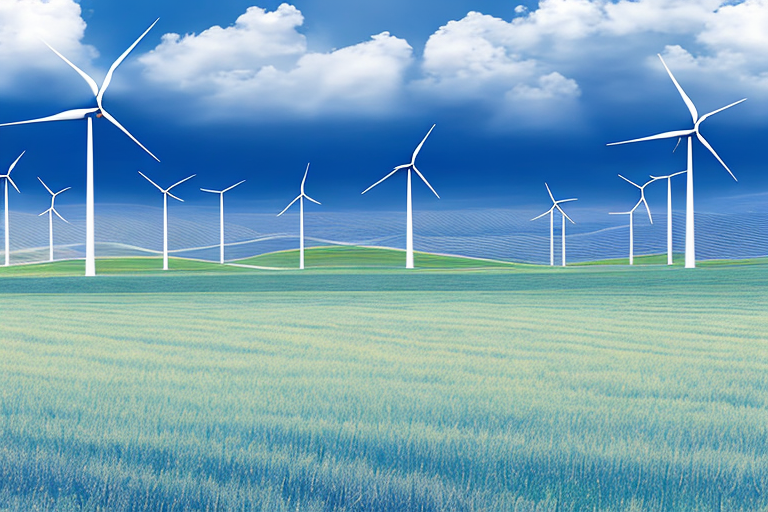 Weites Feld mit Windkraftanlagen und Biogasanlage unter klarem blauem Himmel, nachhaltig gruenere Zukunft