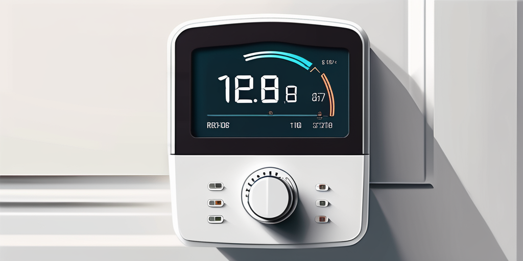 Moderner Thermostat regelt Temperatur in einem minimalistischen Raum, demonstriert Energieeffizienz und Kosteneinsparungen im Wohnbereich.