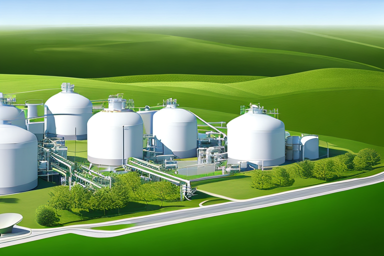 Moderne Biogasanlage in gruener Landschaft mit stylishen Geraeten und Speichertanks fuer erneuerbare Energie aus organischem Abfall. Moderne Biogasanlage in gruener Landschaft mit stylishen Geraeten und Speichertanks fuer erneuerbare Energie aus organischem Abfall.