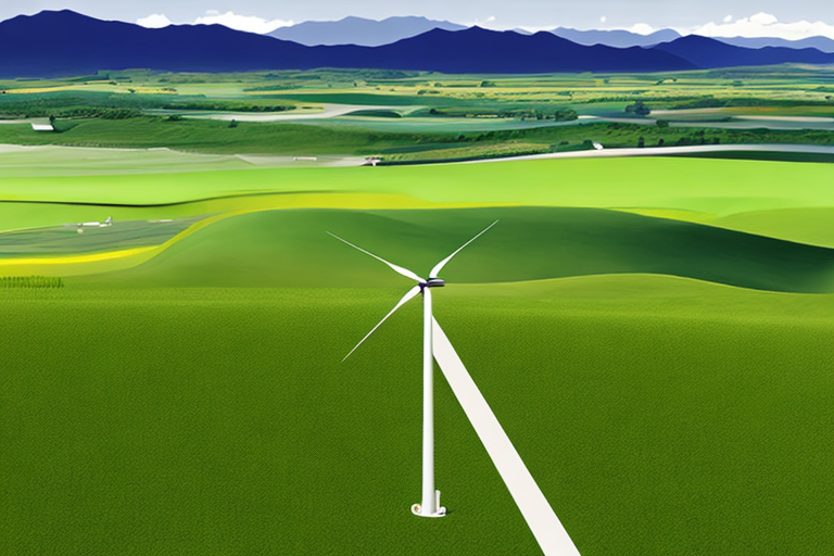 Gruene Landschaft mit Windraedern, Solarpanels und Biogasanlagen, erneuerbare Energie.