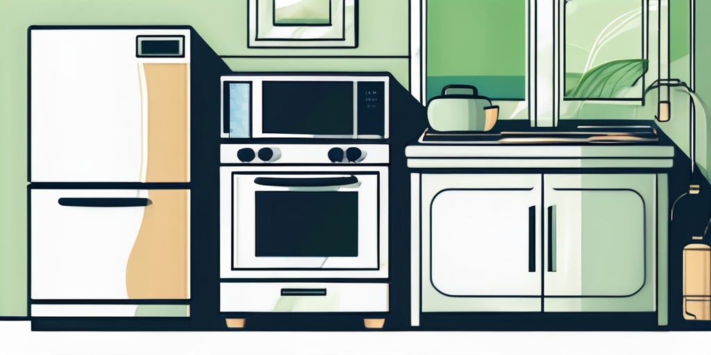 Energiesparende Haushaltsgeraete und moderner Thermostat vor einem Hintergrund, der Nachhaltigkeit betont, ideal fuer Strategien zur Reduzierung des Gasverbrauchs.