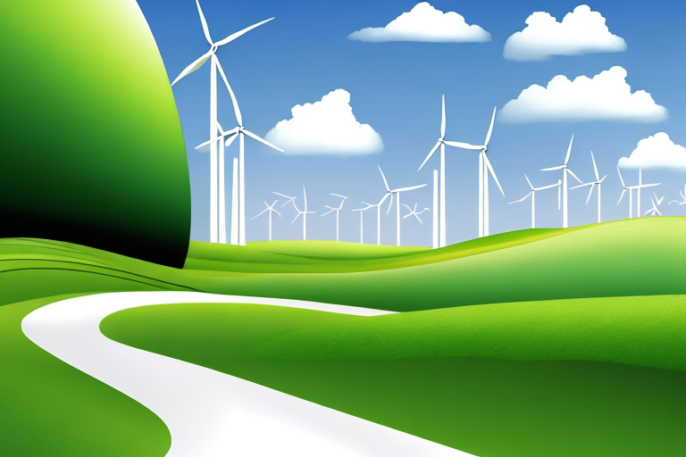 Gruene Landschaft mit Windkraftanlagen und Gasspeicher, nachhaltige Energieintegration