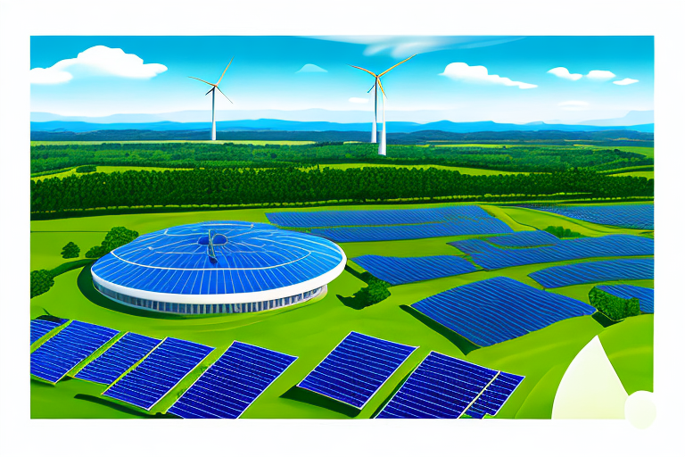 moderne biogas anlage in gruenen feldern mit klarem blauem himmel, solarzellen und windkraftanlagen, nachhaltige energieentwicklung